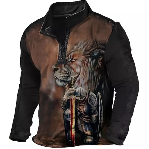 

Men's Unisex Zip Up Sweatshirt Pullover Quarter Zipper Sweatshirt Brown Half Zip Lion Knights Templar Graphic Prints Zipper Print Daily Sports 3D Print Designer Casual Big and Tall Spring & Fall