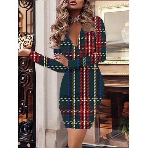 

Women's Work Dress Bodycon Sheath Dress Mini Dress Black Blue Long Sleeve Plaid Print Winter Fall Autumn V Neck Fashion Winter Dress Date Fall Dress Slim 2023 XS S M L XL 2XL 3XL 4XL 5XL 6XL