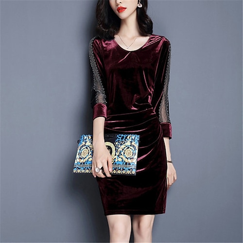 

Women's Velvet Dress Red Bodycon Short Mini Dress Wine Gray Black 3/4 Length Sleeve Pure Color Velvet Fall Winter Crew Neck Elegant Slim 2022 M L XL XXL 3XL