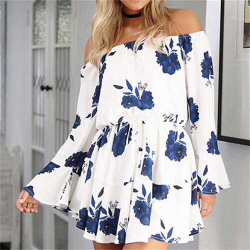 

Women's Casual Dress Short Mini Dress Short Mini Dress White Black Long Sleeve Print Lace up Print Fall Winter Off Shoulder Stylish Casual 2022 M L XL 2XL 3XL