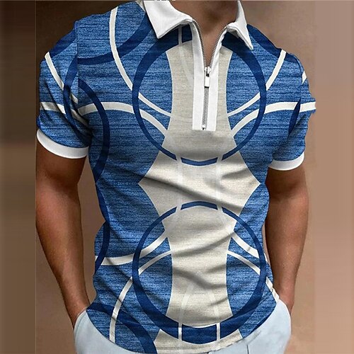 

Men's Collar Polo Shirt Golf Shirt Geometry Turndown Blue 3D Print Outdoor Street Short Sleeves Zipper Print Clothing Apparel Fashion Designer Casual Breathable / Summer / Spring / Summer