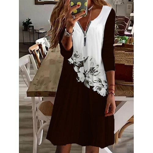 

Women's Casual Dress Shift Dress Mini Dress Black Blue Half Sleeve Floral Zipper Winter Fall Autumn V Neck Fashion Weekend Fall Dress 2022 S M L XL XXL 3XL 4XL 5XL 6XL