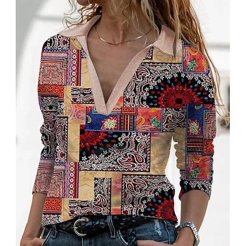

Women's T shirt Tee Red Graphic Print Long Sleeve Casual Weekend Basic Shirt Collar Regular Painting S