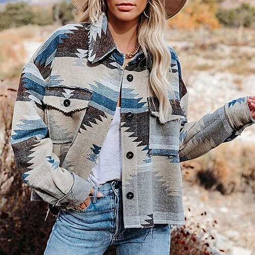 

Women's Casual Jacket Windproof Warm Outdoor Street Daily Vacation Button Pocket Print Single Breasted Turndown Fashion Modern Street Style Geometric Regular Fit Outerwear Long Sleeve Winter Fall