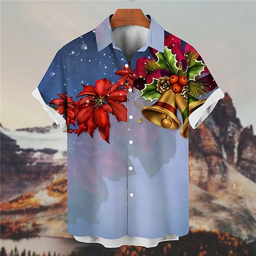 

Men's Shirt Graphic Shirt Floral Turndown Blue 3D Print Christmas Casual Short Sleeves Button-Down Print Clothing Apparel Fashion Designer Casual Breathable / Summer / Spring / Summer