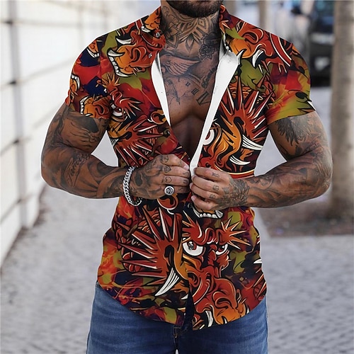 

Men's Shirt Graphic Shirt Animal Tiger Turndown Brown 3D Print Outdoor Street Short Sleeves Button-Down Print Clothing Apparel Designer Casual Breathable / Summer / Spring / Summer