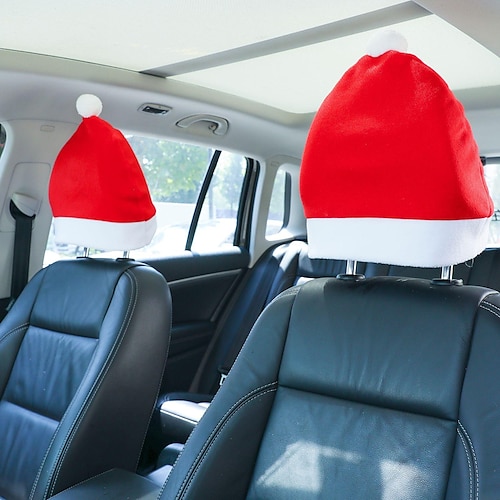 

Christmas Decor Red Hats for Car Seat Santa Hat Car Seat Headrest Covers Xmas Decorations Fits Most Vehicle Headrest
