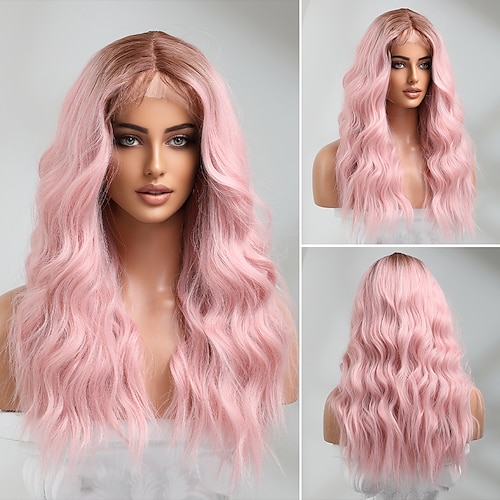 

Peluca rosa con frente de encaje sintético de onda larga, pelucas de encaje de buena calidad, fiesta de cosplay, cabello natural resistente al calor diario