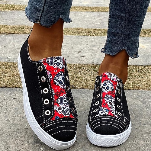 

Women's Slip-Ons Daily Slip-on Sneakers Flat Heel Round Toe Casual Canvas Loafer Leopard Plaid Black Red