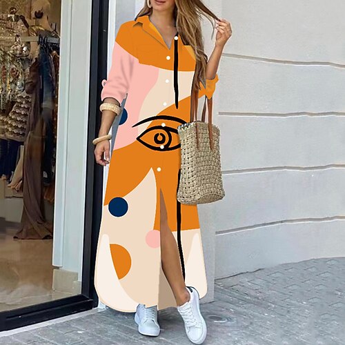 

Women's Casual Dress Shirt Dress Maxi long Dress Blue Purple Pink Yellow Orange Red Long Sleeve Plaid Letter Print Split Bow Print Fall Winter Shirt Collar Fashion Casual Modern 2022 S M L XL XXL