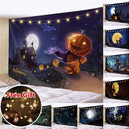 

Halloween Party Wall Tapestry Art Decor Blanket Curtain Hanging Home Bedroom Living Room Decoration Polyester Ghost Pumpkin Graveyard Bat Witch