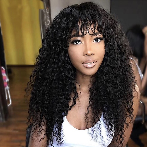 

Unprocessed Virgin Hair 13x4 Lace Front Wig With Bangs Brazilian Hair Curly Black Wig 130% 150% Density with Baby Hair Natural Hairline 100% Virgin Glueless Pre-Plucked For wigs for black women Long