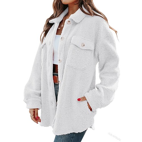 

Women's Teddy Coat Warm Breathable Outdoor Daily Holiday Going out Pocket Single Breasted Turndown Casual Comfortable Street Style Plush Solid Color Regular Fit Outerwear Long Sleeve Winter Fall