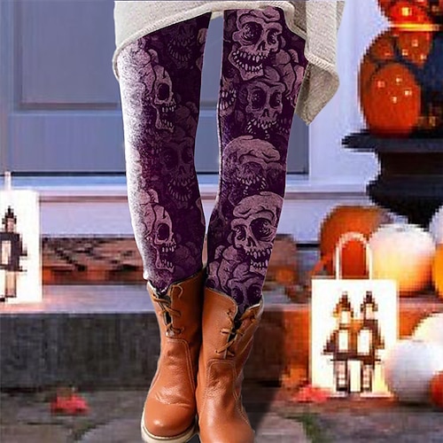 

Women's Tights Leggings Deep Purple Purple Grey Designer Casual / Sporty Athleisure Halloween Weekend Print High Elasticity Ankle-Length Tummy Control Skull S M L XL XXL / Skinny