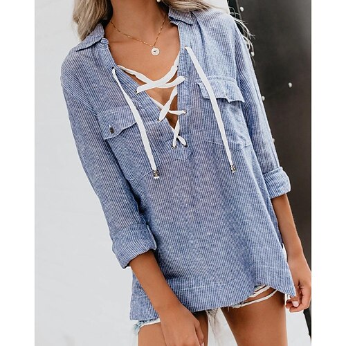

Women's Blouse Striped Basic Shirt Collar Standard Spring Blue
