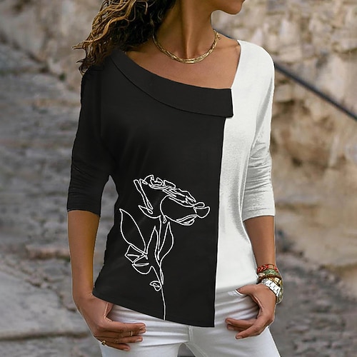 

Women's T shirt Tee Floral Color Block Casual Weekend Floral Painting T shirt Tee Long Sleeve Print V Neck Basic Black S