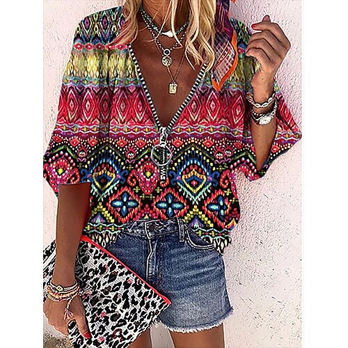 

Women's Blouse Shirt Blue Red Floral Quarter Zip Print Half Sleeve Daily Weekend Streetwear Casual V Neck Regular Floral S / 3D Print