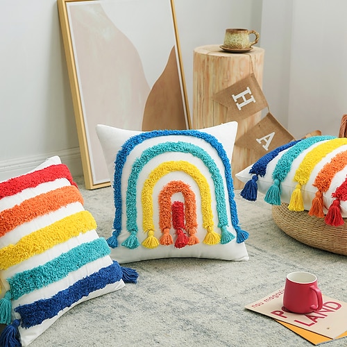 

Tufted Pillow Cover Rainbow Waves Modern Square Seamed Traditional Classic for Bedroom Livingroom Sofa Couch Chair Superior Quality