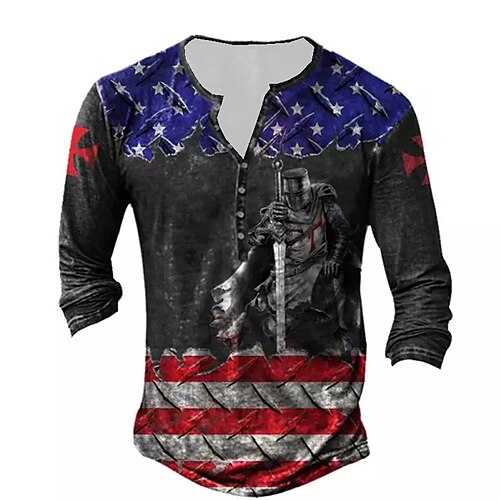 

Men's Henley Shirt T shirt Tee Tee Graphic Templar Cross Soldier National Flag Henley Green Black Purple Red 3D Print Plus Size Outdoor Daily Long Sleeve Button-Down Print Clothing Apparel Basic