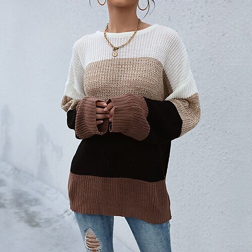 

Women's Pullover Sweater jumper Jumper Crochet Knit Knitted Color Block Crew Neck Stylish Casual Outdoor Daily Winter Fall Brown S M L / Long Sleeve / Striped / Regular Fit / Going out