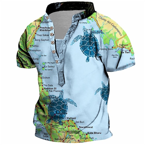 

Men's T shirt Tee Henley Shirt Tee Graphic Map Stand Collar Blue 3D Print Plus Size Outdoor Daily Short Sleeve Button-Down Print Clothing Apparel Basic Designer Casual Big and Tall / Summer / Summer