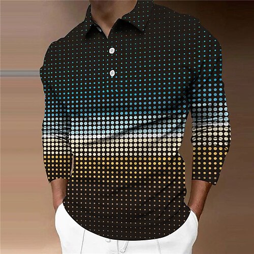 

Men's Collar Polo Shirt Golf Shirt Polka Dot Geometry Turndown Blue Black 3D Print Street Casual Long Sleeve Button-Down Print Clothing Apparel Fashion Designer Casual Breathable