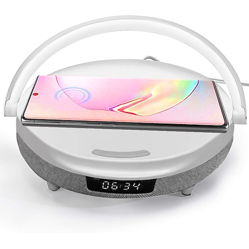 

Bluetooth Speaker With Digital Alarm Clock Wireless Charger and LED Night Light Fast Charging Stand for Home Office Nightstand Compatible with iOS and Android Devices iPhone AirPods2 Galaxy