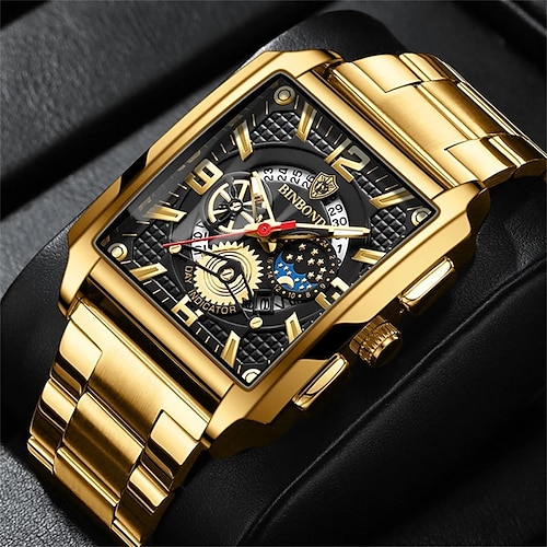 

Binbond Authentic Men Watch Square Stainless Stee Waterproof Man Wristwatch Luxury Quartz Calendar Hollow Original B6575