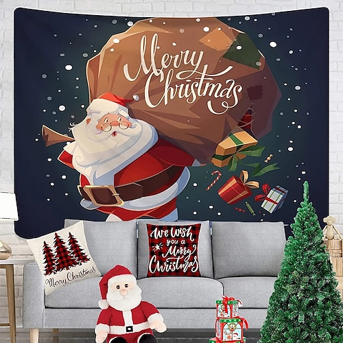 

Christmas Party Wall Tapestry Holiday Photography Background Santa Claus Snowman Reindeer Tree Gift Art Decor Blanket Curtain Hanging Home Bedroom Living Room Decoration Polyester