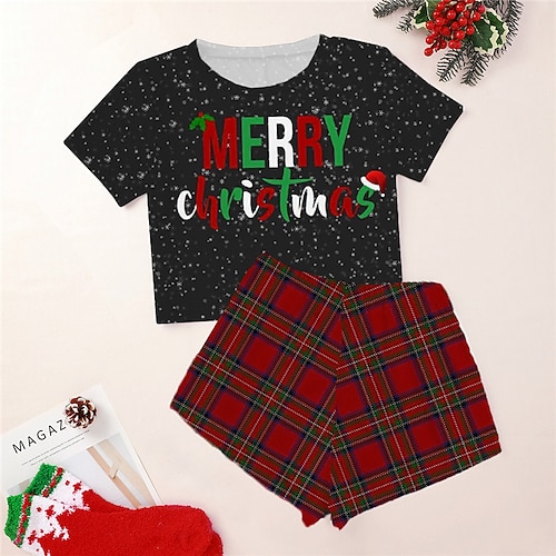 

Women's ChristmasPjs Plus Size Pajamas Sets 2 Pieces Letter Grid / Plaid Fashion Comfort Soft Home Carnival Cotton Spandex Jersey Breathable Gift Crew Neck Short Sleeve T shirt Tee Shorts