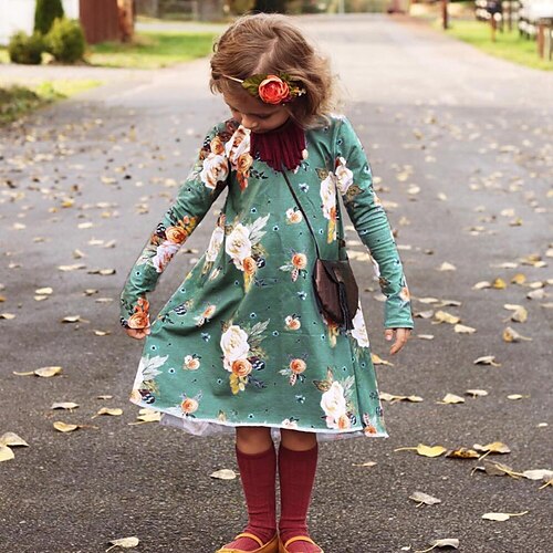 

Kids Little Girls' Dress Floral A Line Dress Daily Green Yellow Red Knee-length Long Sleeve Princess Beautiful Dresses Fall Winter Regular Fit 2-8 Years