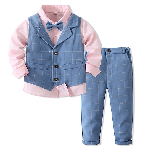 

3 Pieces Toddler Boys Shirt & Pants Clothing Set Outfit Plaid Long Sleeve Set Gentle Fall Spring 1-5 Years Pink Red