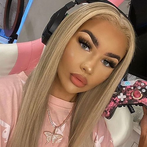 

Synthetic Lace Front Wig Ash Blonde Wig Thickness Straight Natural Looking Glueless Wig with Baby Hair Heat Resistant Fiber Hair Wig for Party Wear 24 Inch Gold Color Lace Wig