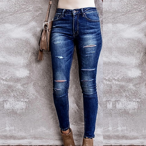 

Women's Skinny Pants Trousers Jeans Jeggings Denim Blue Fashion Casual Weekend Side Pockets Cut Out Micro-elastic Ankle-Length Comfort Plain S M L XL XXL / Ripped