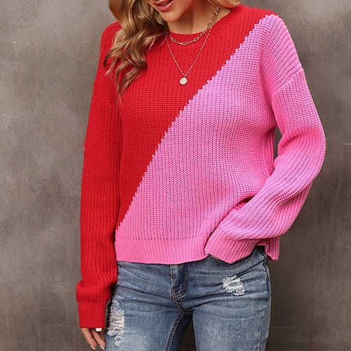 

Women's Pullover Sweater jumper Jumper Crochet Knit Knitted Color Block Crew Neck Stylish Casual Outdoor Home Winter Fall Fuchsia S M L / Long Sleeve / Regular Fit / Going out