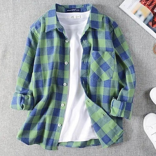 

Kids Boys Shirt Plaid Outdoor Long Sleeve Fashion Cotton 3-12 Years Winter Green Blue Orange