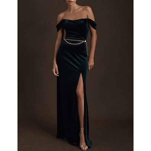 

Mermaid / Trumpet Evening Gown Sexy Dress Formal Floor Length Sleeveless Off Shoulder Velvet with Ruched Slit 2022