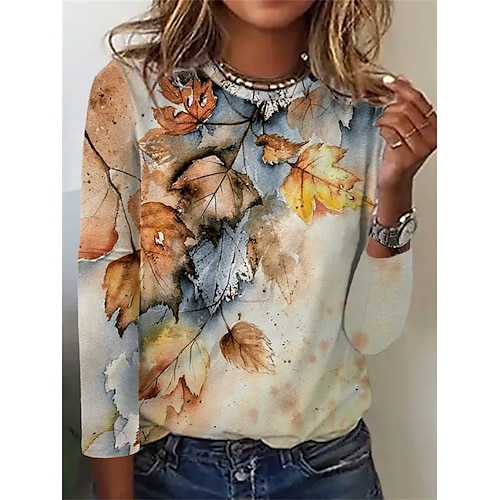 

Women's T shirt Tee Khaki Floral Print Long Sleeve Home Casual Basic Round Neck Regular Floral 3XL