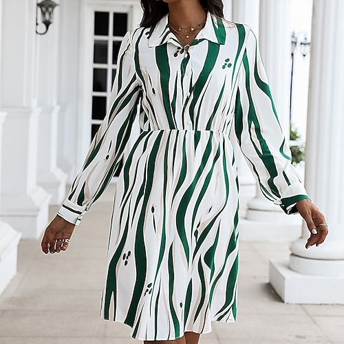 

Women's Casual Dress Shirt Dress Knee Length Dress Green Long Sleeve Print Print Fall Winter Shirt Collar Stylish Casual 2022 S M L