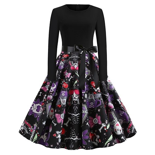 

Women's A Line Dress Swing Dress Knee Length Dress Black Purple Long Sleeve Pumpkin Ghost Bat Bow Print Fall Winter Crew Neck Vintage Traditional 2022 S M L XL 2XL