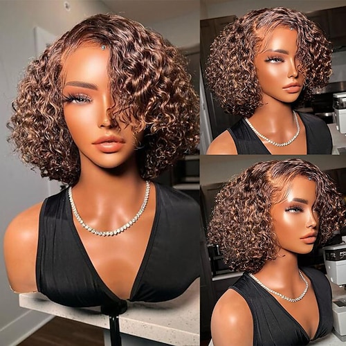 

Unprocessed Virgin Hair 13x4 Lace Front Wig Short Bob Brazilian Hair Curly Brown Wig 130% 150% Density with Baby Hair 100% Virgin Glueless Pre-Plucked Bleached Knots For wigs for black women Short