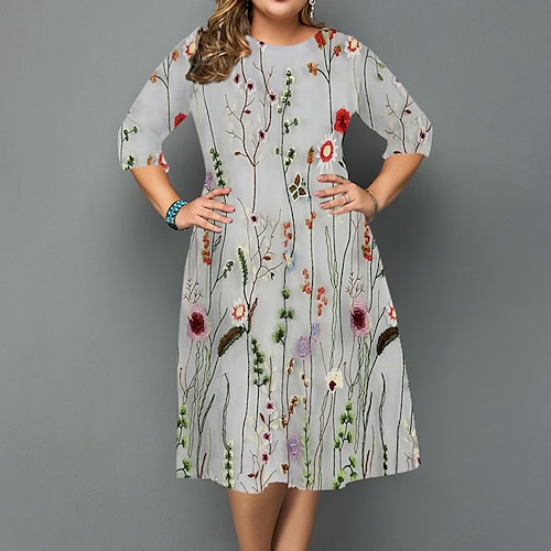 

Women's Plus Size Casual Dress Leopard Crew Neck 3/4 Length Sleeve Fall Winter Casual Midi Dress Causal Daily Dress