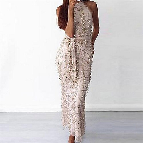 

Women's Party Dress Sequin Dress Maxi long Dress Gold Sleeveless Pure Color Sequins Fall Winter Halter Neck Party Elegant 2022 S M L XL