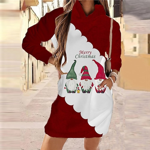 

Women's Hoodie Dress Shift Dress Short Mini Dress Blue Red Long Sleeve Letter Snowflake Pocket Print Fall Winter Hooded Vacation Casual 2022 S M L XL XXL 3XL