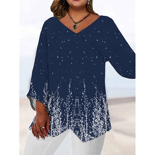 

Women's Plus Size Tops Blouse Shirt Floral Print Long Sleeve V Neck Casual Daily Going out Polyester Fall Winter Brown Navy Blue / 3D Print