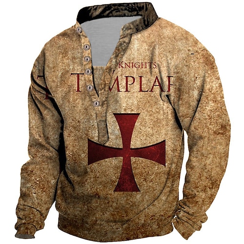 

Men's Unisex Sweatshirt Pullover Button Up Hoodie Brown Standing Collar Knights Templar Graphic Prints Cross Print Casual Daily Sports 3D Print Streetwear Designer Casual Spring & Fall Clothing