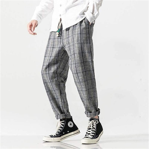 

Men's Trousers Winter Pants Casual Pants Drawstring Elastic Waist Plaid Comfort Warm Casual Daily Streetwear Cotton Blend Fashion Classic Brown Gray Micro-elastic / Elasticity