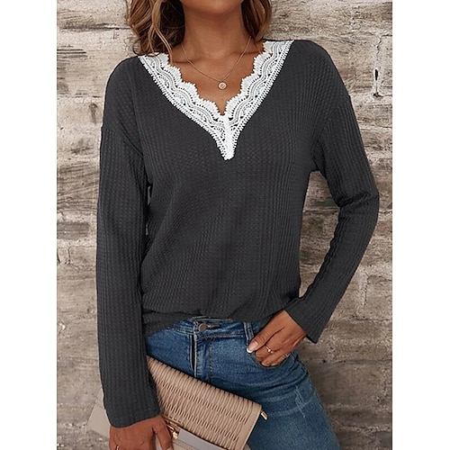 

Women's T shirt Tee Black Plain Lace Trims Long Sleeve Daily Weekend Basic V Neck Regular Cotton S