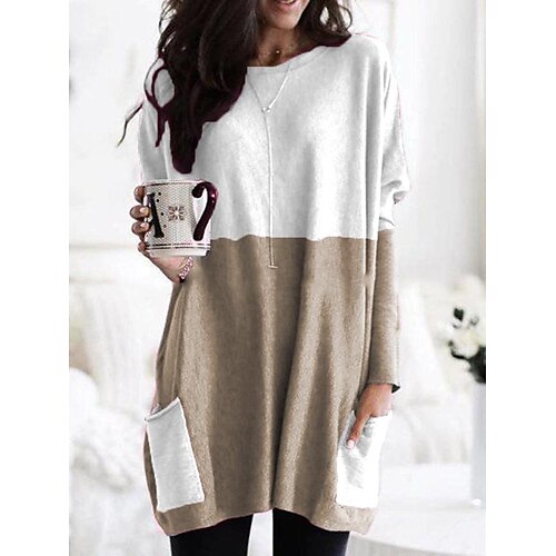 

Women's Shirt Blue khaki Red Color Block Pocket Print Long Sleeve Casual Holiday Basic Round Neck Long S