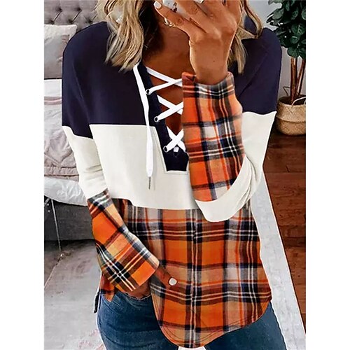 

Women's Sweatshirt Pullover V Neck Color Block Plaid Checkered Lace up Print Daily Sports 3D Print Active Streetwear Clothing Apparel Hoodies Sweatshirts Orange